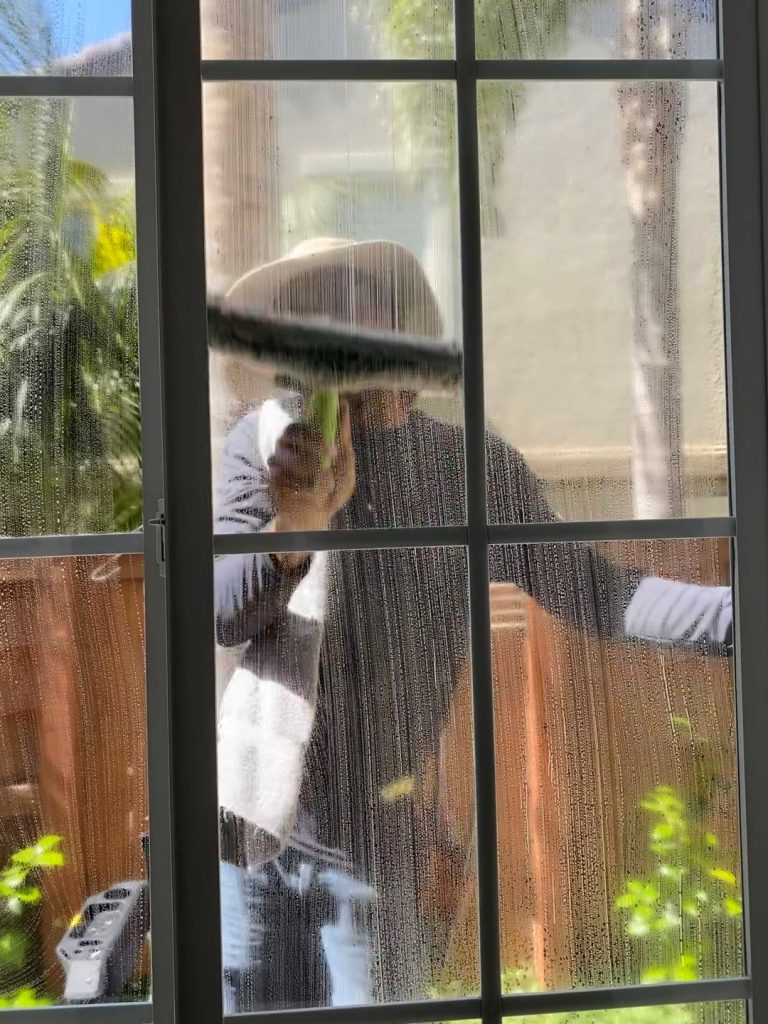 Professional performing residential window cleaning with a squeegee on a sunlit glass panel.